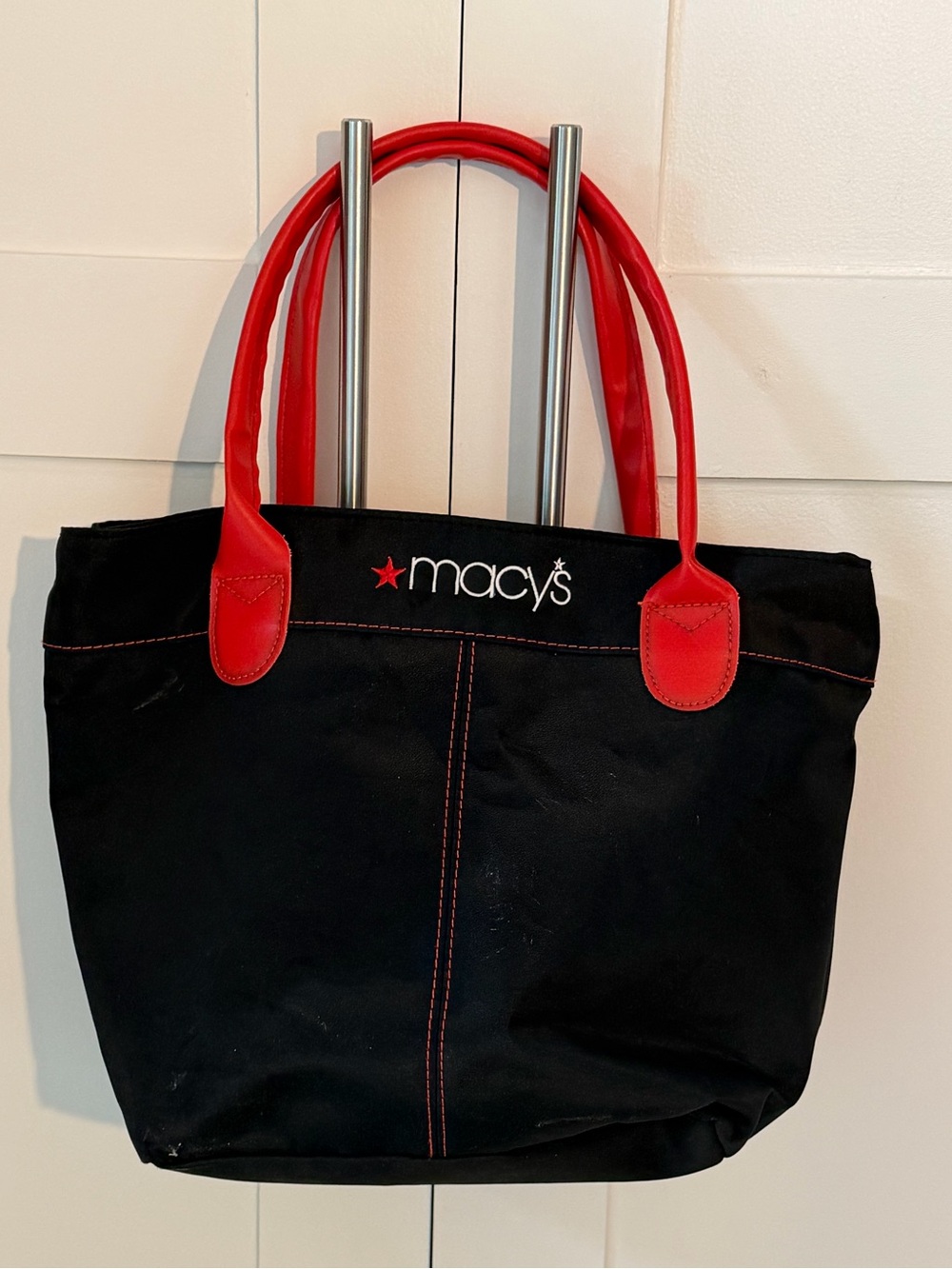 Macy's Small Black Tote with Red Handles and Stitching